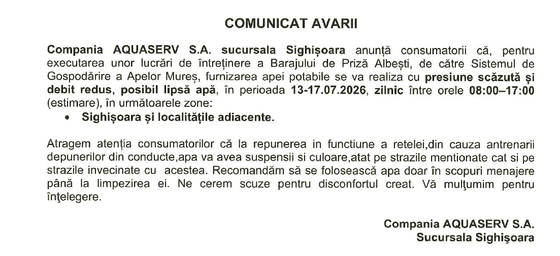 COMUNICAT AQUASERV - AVARII